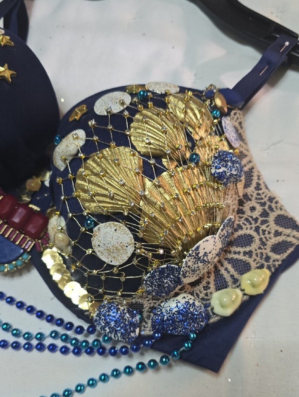Navy Embellished Victoria Bra with Gold Seashells Accents - Picture 2 of 6